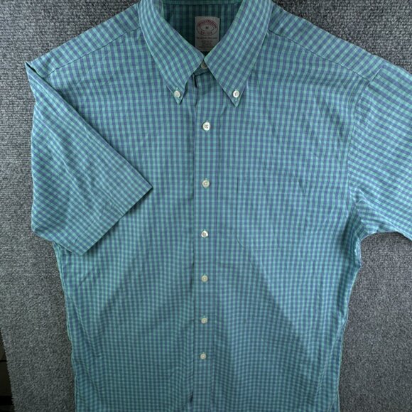 Brooks Brothers Short Sleeve Button Up Shirt Men Cotton Purple Green Medium Reg - Picture 2 of 16